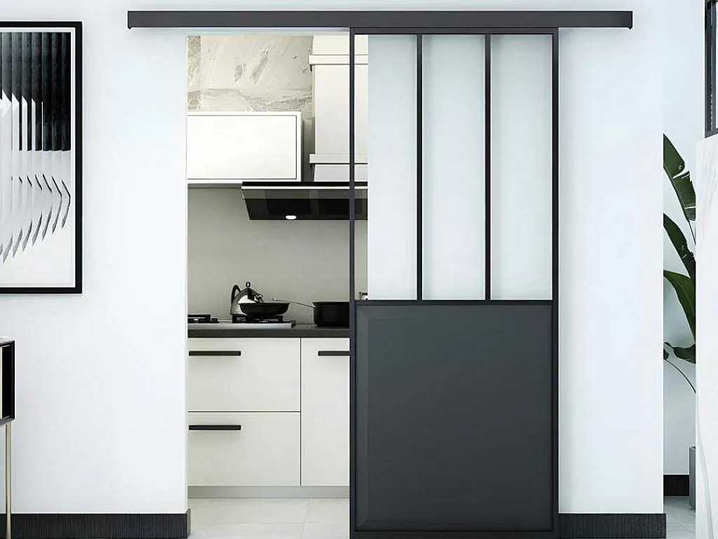 Schuifdeur In Gehard Glas - Mat Zwart - H205Cm X B73Cm - Artisto-Vente-unique Outlet