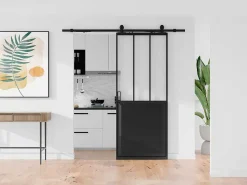 Schuifdeur Werkplaatsstijl Met Rails - Zwart En Mat Gehard Glas - H205 Cm X B83 Cm - Artisto Ii-Vente-unique Sale
