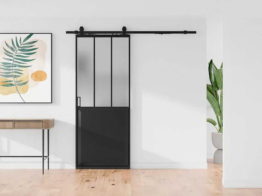 Schuifdeur Werkplaatsstijl Met Rails - Zwart En Mat Gehard Glas - H205 Cm X L73 Cm - Artisto Ii-Vente-unique Discount