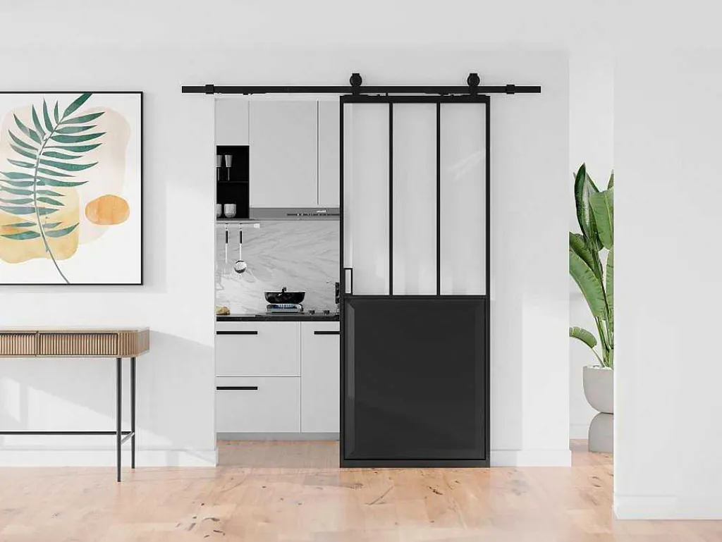 Schuifdeur Werkplaatsstijl Met Rails - Zwart En Mat Gehard Glas - H205 Cm X L73 Cm - Artisto Ii-Vente-unique Discount