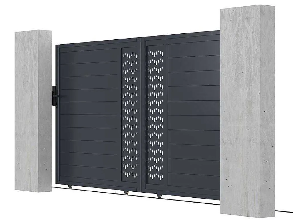 Schuifpoort Van Aluminium Met Motieven - Halfopengewerkt - L. 374 X H. 180 Cm - Antraciet - Gregor-EXPERTLAND Hot
