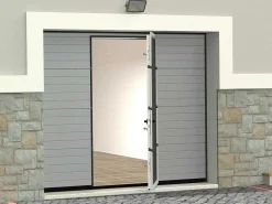 Sectionale Garagedeur Met Gegroefd Effect En Centrale Grijze Loopdeur Met Motor - Noria-Vente-unique Online