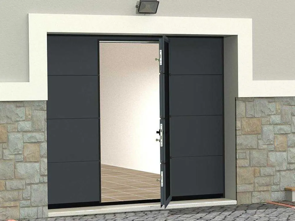 Sectionale Garagedeur Met Glad Effect En Centrale Loopdeur In Antraciet Met Motor - Lavega-Somfy