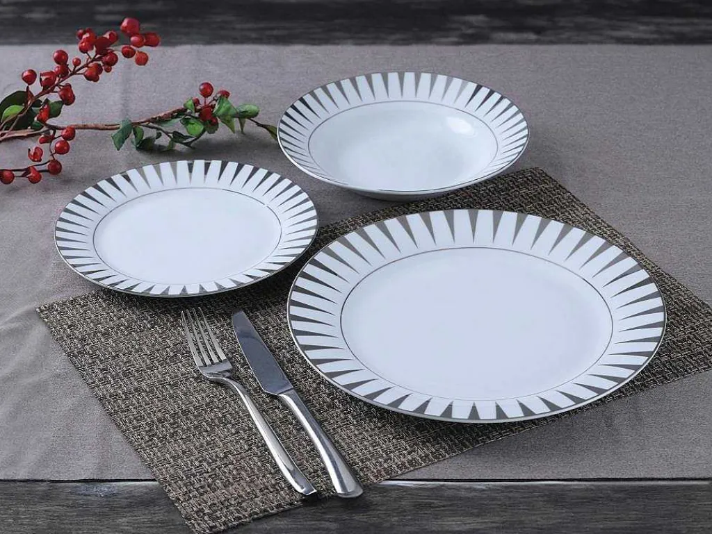 Servies 18 Stuks Van Porselein - Wit En Zilver - Dynao-OZAIA Online