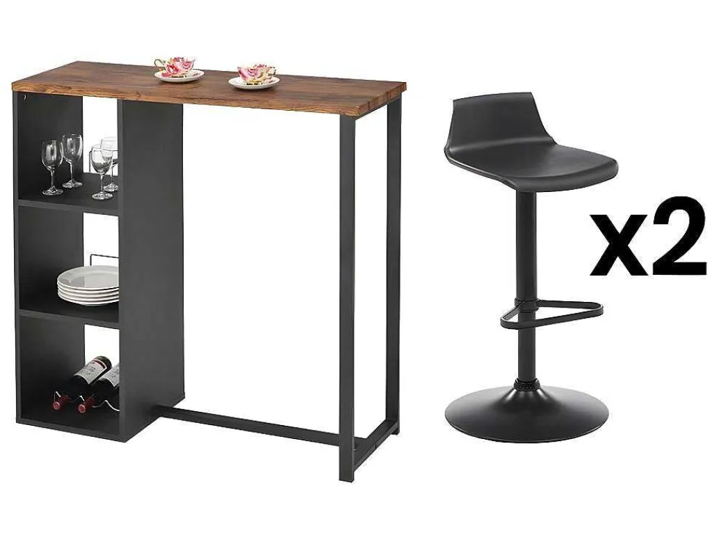Set "Bar": Barmeubel Morena + 2 Barkrukken Calas - Zwart En Notenhout-Effect-Vente-unique Best
