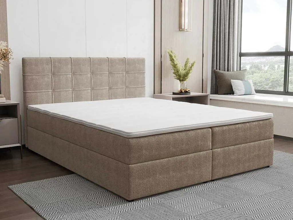 Set Bed Met Hoofdbord Met Capitons + Bedbodem Met Opbergruimte + Matras + Dekmatra - 160 X 200 Cm - Stof - Taupegrijs - Kida Van Ysmee-Ysmée Best