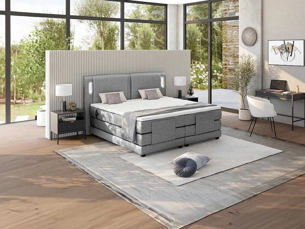 Set Boxspring + Hoofdbord Met Ledlampjes + Elektrische Relaxbedbodems + Matras + Topmatras - 2 X 90 X 200 Cm - Grijze Stof - Astemi Van-Palacio Online