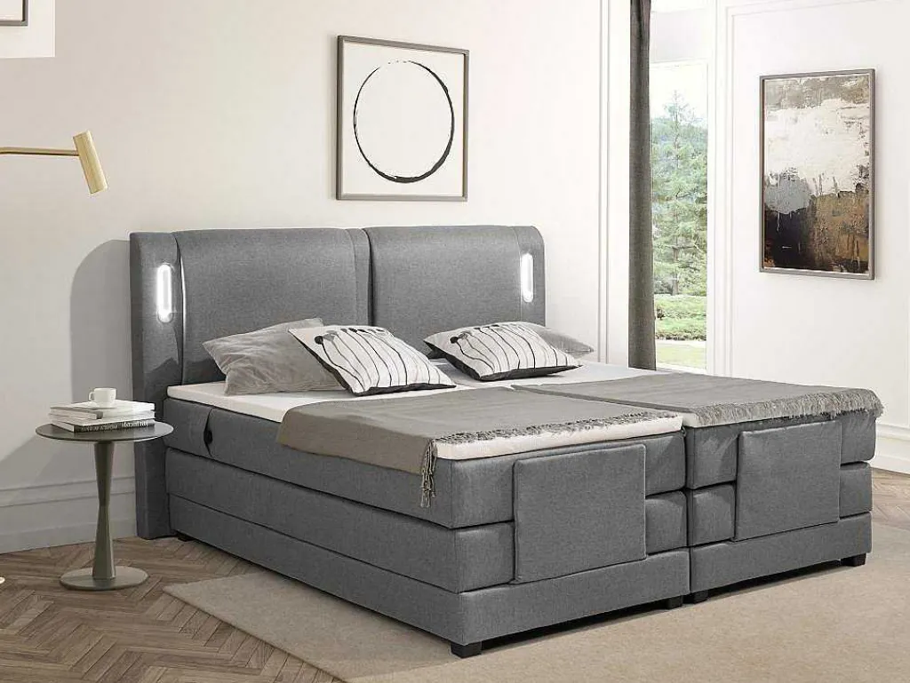 Set Boxspring + Hoofdbord Met Ledlampjes + Elektrische Relaxbedbodems + Matras + Topmatras - 2 X 80 X 200 Cm - Grijze Stof - Astemi Van-Palacio