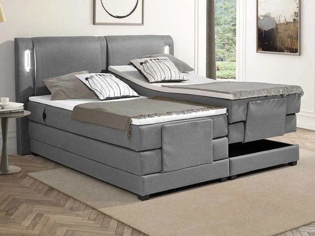 Set Boxspring + Hoofdbord Met Ledlampjes + Elektrische Relaxbedbodems + Matras + Topmatras - 2 X 80 X 200 Cm - Grijze Stof - Astemi Van-Palacio