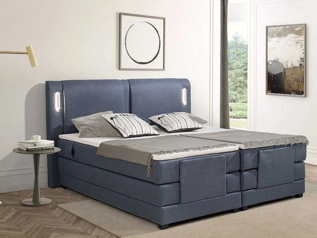 Set Boxspring + Hoofdbord Met Ledlampjes + Elektrische Relaxbedbodems + Matras + Topmatras - 2 X 90 X 200 Cm - Blauwe Stof - Astemi Van-Palacio Outlet