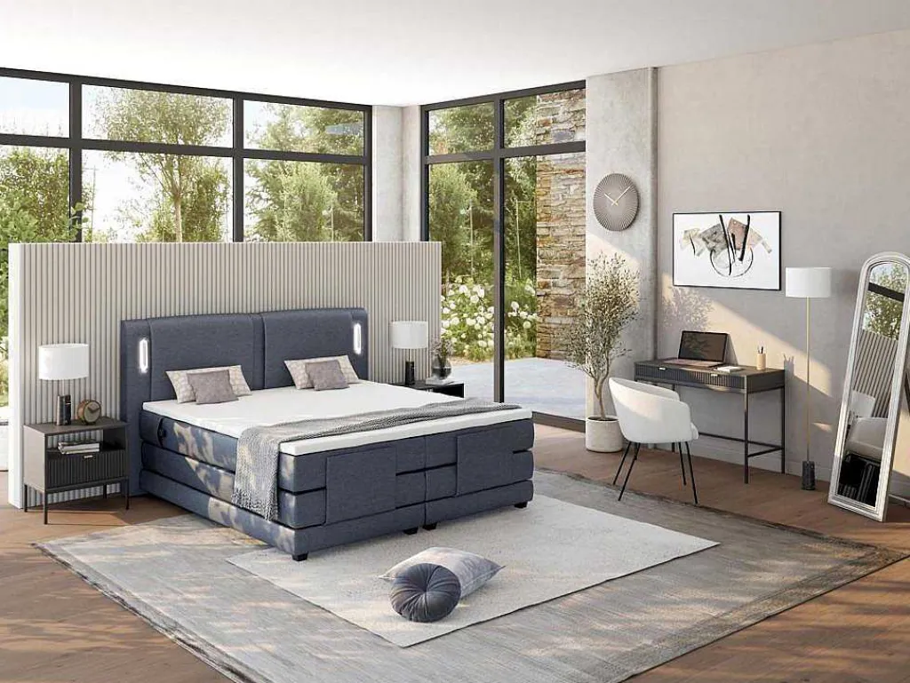 Set Boxspring + Hoofdbord Met Ledlampjes + Elektrische Relaxbedbodems + Matras + Topmatras - 2 X 90 X 200 Cm - Blauwe Stof - Astemi Van-Palacio Outlet