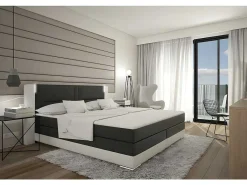 Set Boxspring En Matras Met Hoofdeinde Met Leds + Lattenbodem + Matras + Dekmatras Asti Van Ysmee - 160 X 200 Cm - Kunstleer - Wit En Grijs-Ysmée Sale