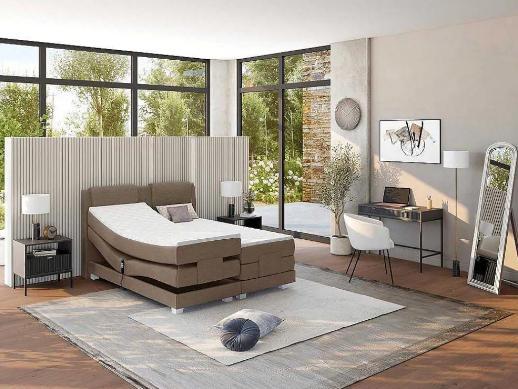 Set Boxspring Hoofdbord + Elektrische Bedbodem + Matras + Topmatras Castel Van - 2X90X200Cm - Beige Stof-Palacio Online