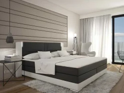 Set Boxspring Hoofdbord Met Led-Verlichting + Bedbodems + Matras + Topmatras Asti Van Ysmee - 180 X 200 Cm - Kunstleer - Wit En Grijs-Ysmée Best
