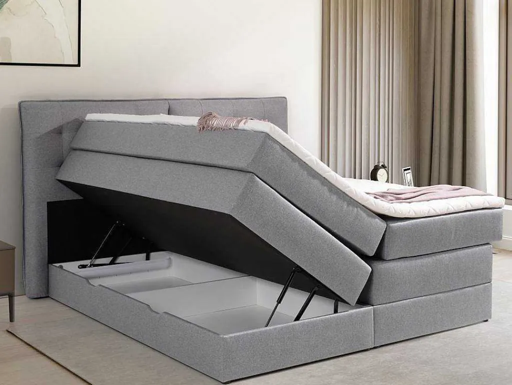 Set Boxspring Met Hoofdbord + Bedbodems Met Opbergruimte + Matras + Dekmatras - 160 X 200 Cm - Lichtgrijze Stof - Perama Van-Palacio Online