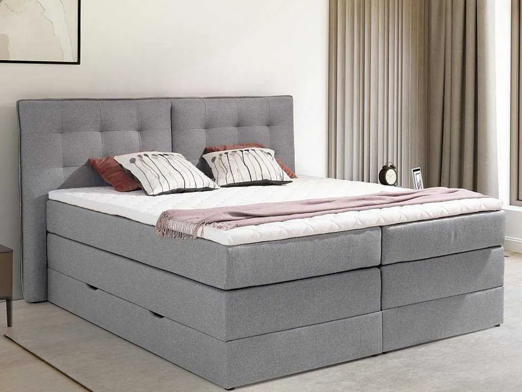 Set Boxspring Met Hoofdbord + Bedbodems Met Opbergruimte + Matras + Dekmatras - 180 X 200 Cm - Lichtgrijze Stof - Perama Van-Palacio