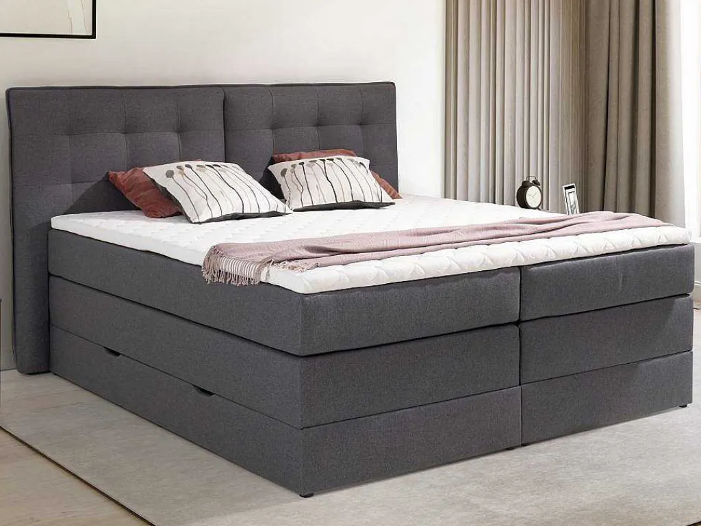 Set Boxspring Met Hoofdbord + Bedbodems Met Opbergruimte + Matras + Dekmatras - 180 X 200 Cm - Antracietkleurige Stof - Perama Van-Palacio Discount