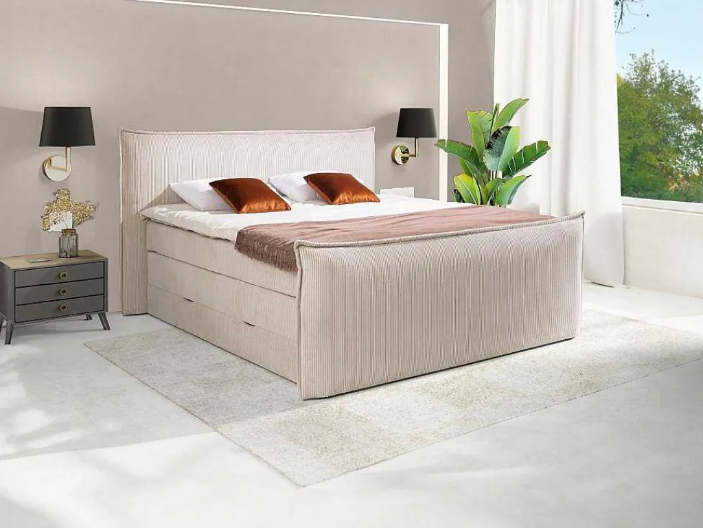 Set Boxspring Met Hoofdeinde + Bedbodems Met Opbergruimte + Matras + Dekmatras - 2 X 80 X 200 Cm - Ivoorwit Ribfluweel - Rhoda Van-Palacio Discount