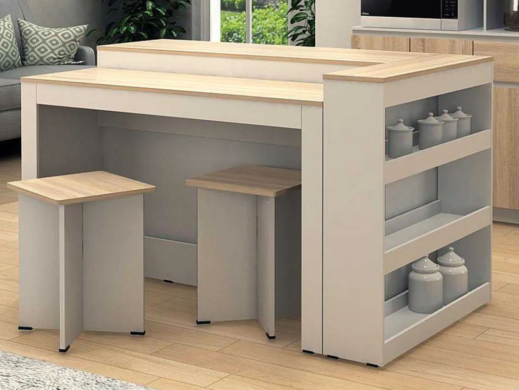 Set Keukeneiland + 2 Krukken - Wit En Licht Naturel - Nusice-Vente-unique Hot