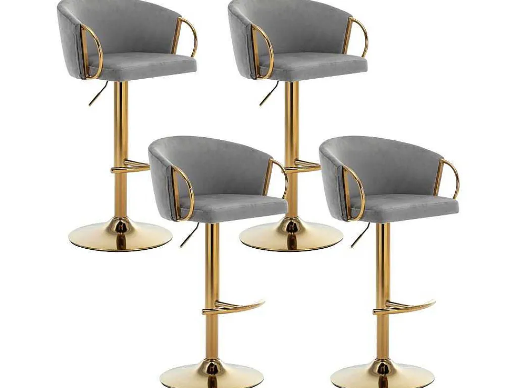 Set Van 4 Barkrukken - In Hoogte Verstelbaar - Fluweel - Grijs En Goud Metaal-Vente-unique Discount