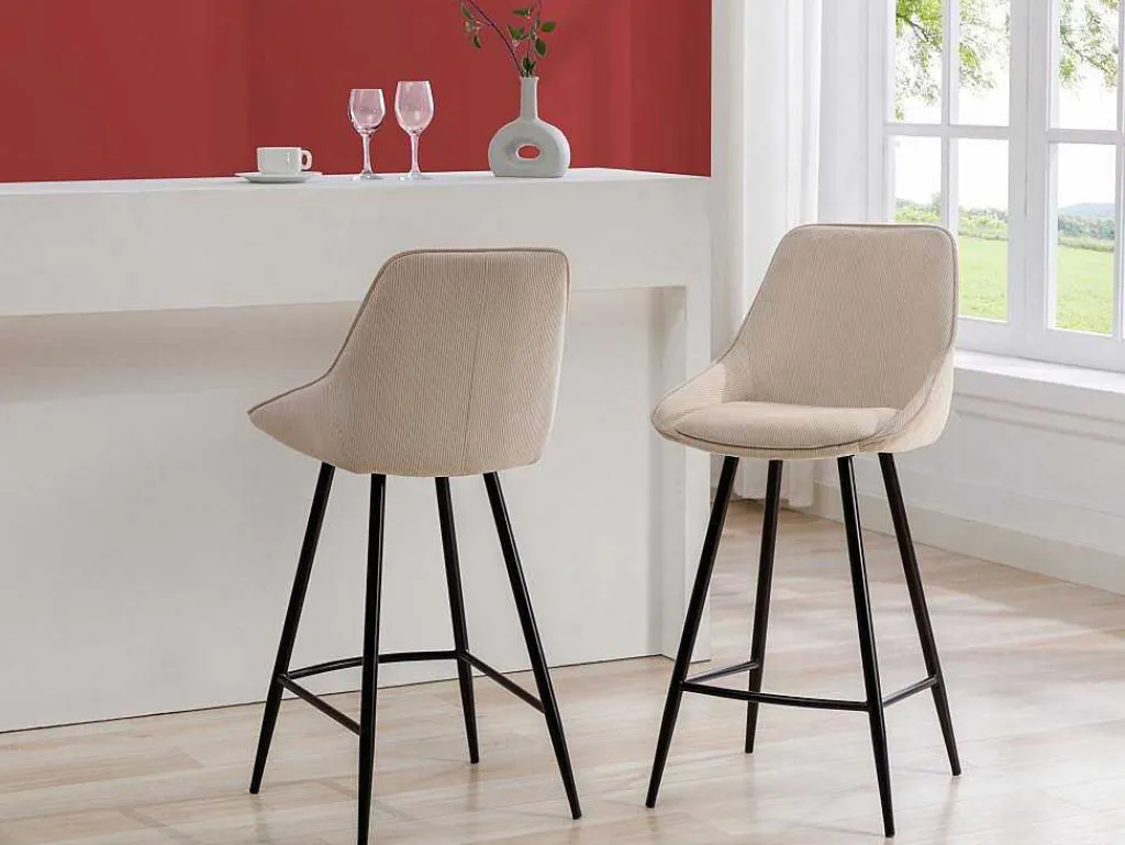Set Van 2 Barkrukken Van Ribfluweel En Zwart Metaal - Cremewit - Masurie-Vente-unique Online