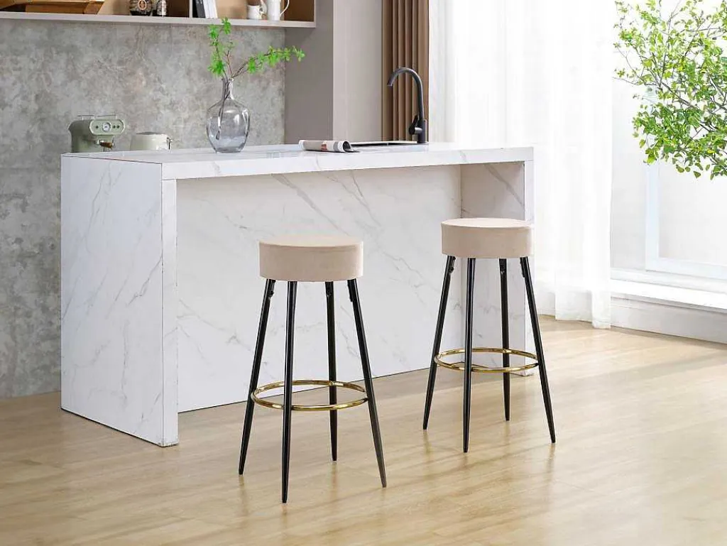 Set Van 2 Barkrukken Van Velours En Zwart Staal - Beige En Goudkleurig - Belinio I-Vente-unique Discount