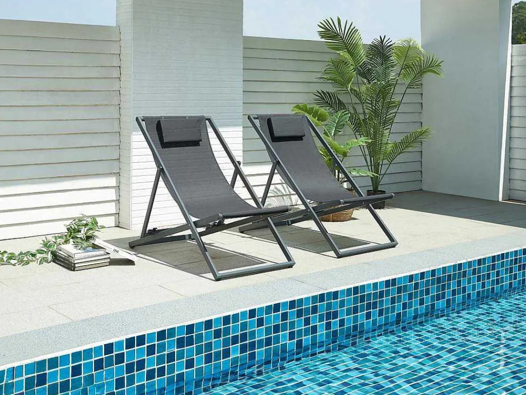 Set Van 2 Chileense Ligstoelen Van Aluminium - Antraciet - Anilio Van-MYLIA Sale