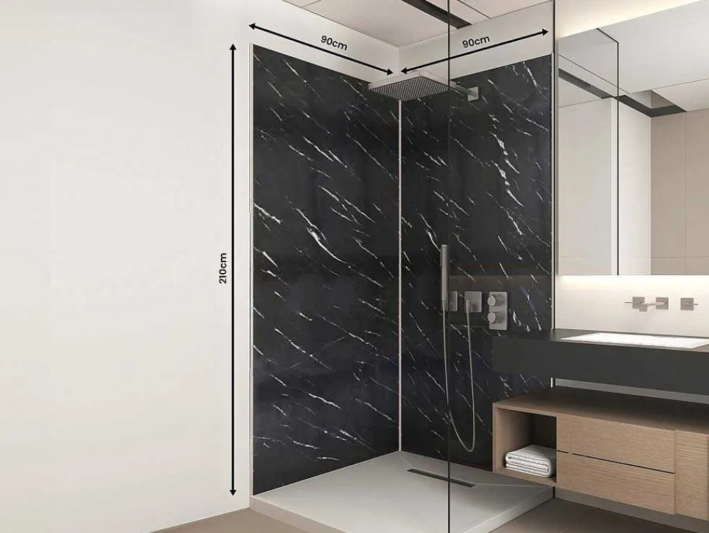 Set Van 2 Douchewandpanelen Met Marmereffect Van Aluminium Met Profielen - 2 X L90 X H210 Cm Eneko-Shower & Design