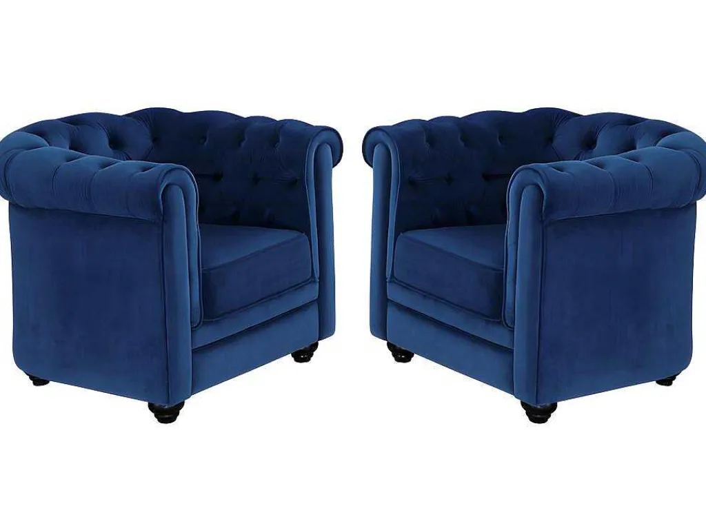 Set Van 2 Fauteuils Chesterfield - Fluweel - Konings Blauw-Vente-unique