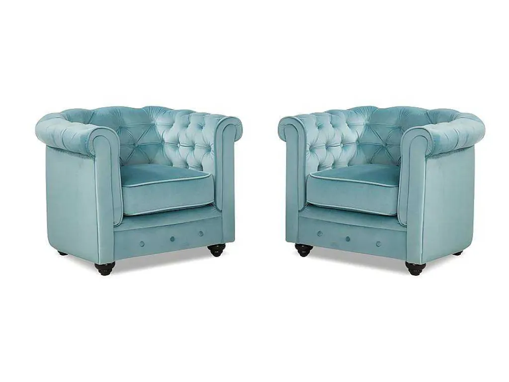 Set Van 2 Fauteuils Chesterfield - Fluweel - Pastel Blauw-Vente-unique Clearance