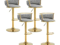 Set Van 4 Fluwelen Barkrukken - In Hoogte Verstelbaar - Grijs En Goudkleurig Metaal-Vente-unique Sale