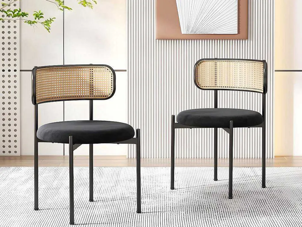 Set Van 2 Fluwelen En Rotan Stoelen - Metalen Poten - Zwart-ModernLuxe Clearance