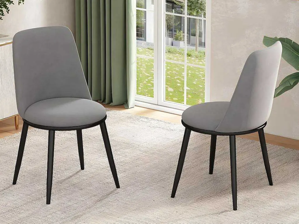 Set Van 2 Fluwelen Gestoffeerde Stoelen Met Rugleuning - Zwart Metalen Structuur - Grijs-ModernLuxe Best