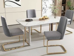 Set Van 4 Fluwelen Sledestoelen - Rugleuning Ruitpatroon - Onderstel Goudkleurig Metaal - Grijs-ModernLuxe Online