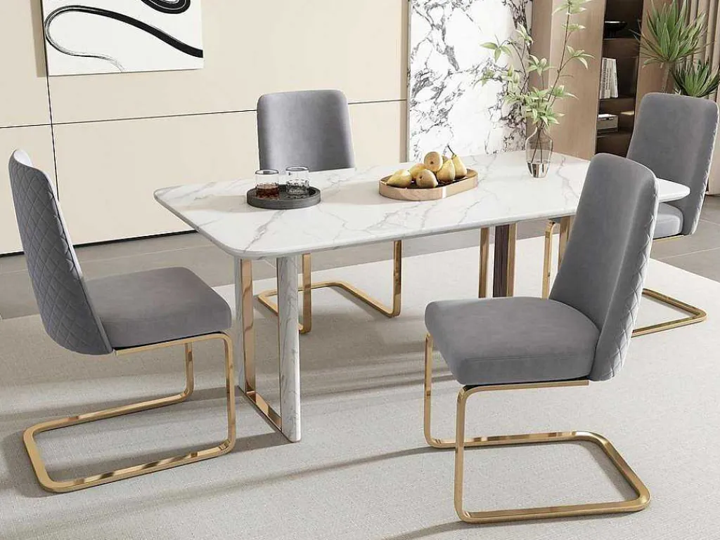 Set Van 4 Fluwelen Sledestoelen - Rugleuning Ruitpatroon - Onderstel Goudkleurig Metaal - Grijs-ModernLuxe Online