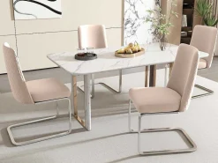 Set Van 4 Fluwelen Sledestoelen - Rugleuning Ruitpatroon - Onderstel Zilverkleurig Metaal - Beige-ModernLuxe New