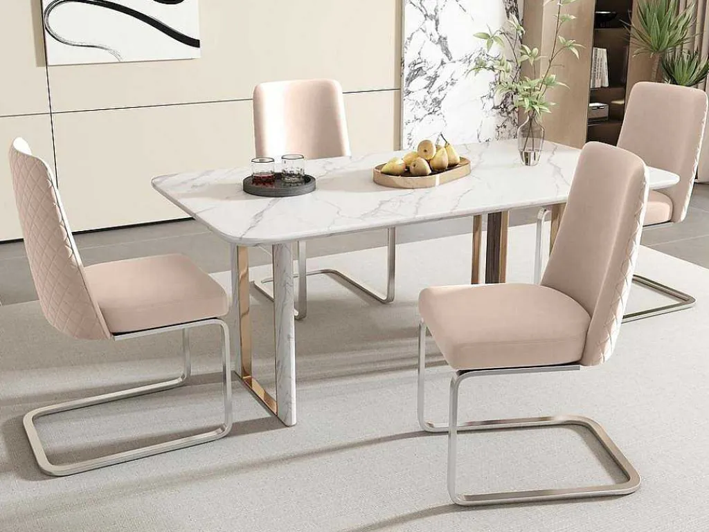 Set Van 4 Fluwelen Sledestoelen - Rugleuning Ruitpatroon - Onderstel Zilverkleurig Metaal - Beige-ModernLuxe New