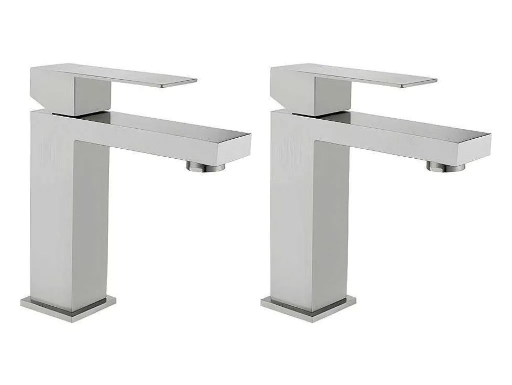 Set Van 2 Mechanische Mengkranen Met Vierkante Vorm Van Roestvrij Staal - Geborsteld Nikkelkleurig - H17,3 Cm - Canilas-Shower & Design Hot