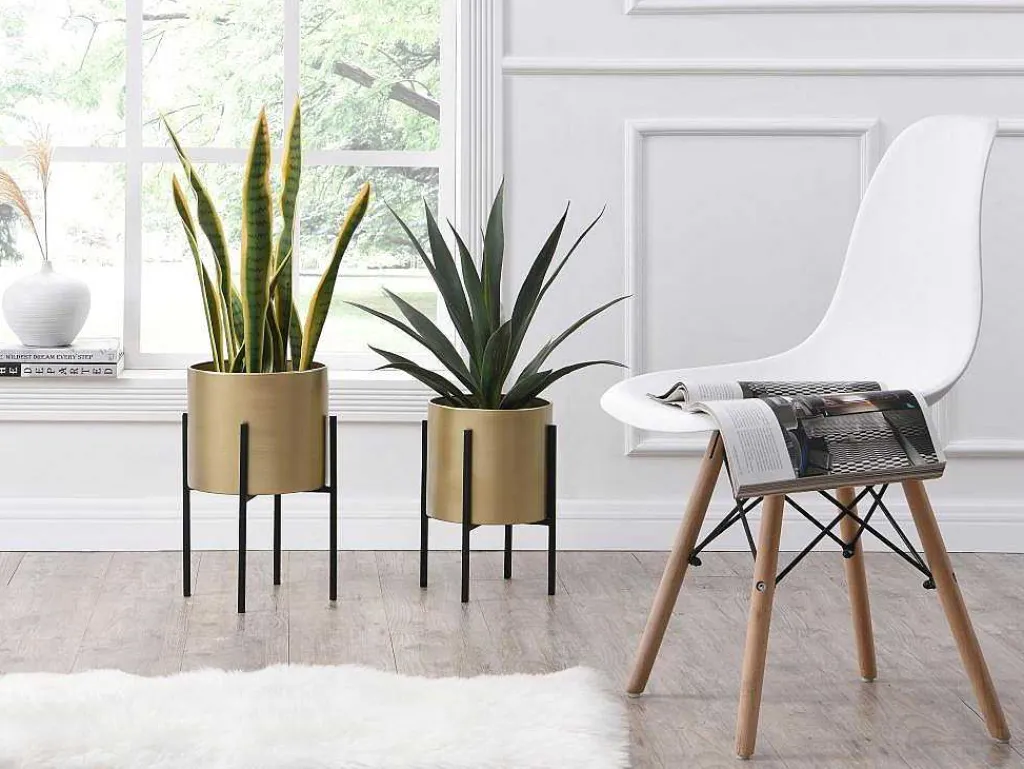 Set Van 2 Metalen Bloempotten - D25 X H39 En D23 X H35,5 - Goud En Zwart - Edmee-OZAIA Best