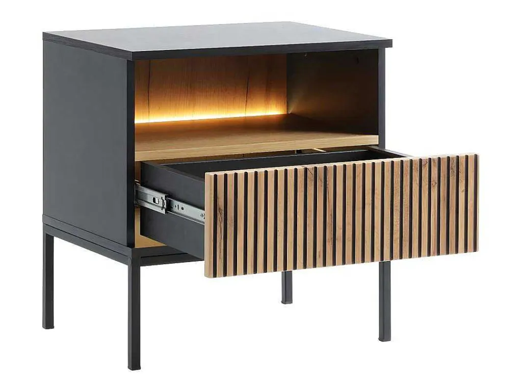 Set Van 2 Nachtkastje 1 Lade En 1 Nis - Met Ledverlichting - Zwart En Naturel - Ovila-Vente-unique