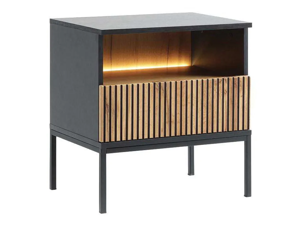 Set Van 2 Nachtkastje 1 Lade En 1 Nis - Met Ledverlichting - Zwart En Naturel - Ovila-Vente-unique