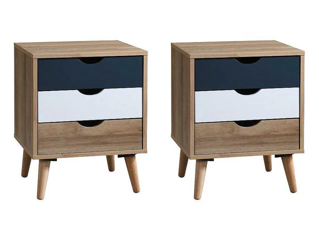 Set Van 2 Nachtkastjes 3 Lades - Kleur: Naturel, Wit En Marineblauw - Lurvia-Vente-unique Discount