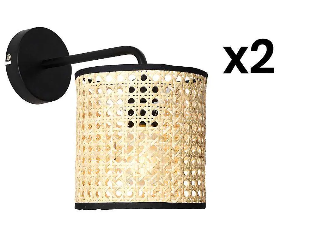 Set Van 2 Rieten Wandlampen In Etnische Stijl Neirobi - Ijzer En Rotan - H. 25 Cm - Zwart En Naturel-OZAIA Best