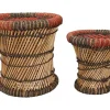 Set Van 2 Ronde Poefs Van Licht Naturelkleurig En Rood Rotan Mirtaka-Vente-unique Online