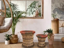 Set Van 2 Ronde Poefs Van Licht Naturelkleurig En Rood Rotan Mirtaka-Vente-unique Online