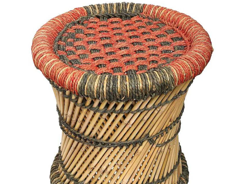 Set Van 2 Ronde Poefs Van Licht Naturelkleurig En Rood Rotan Mirtaka-Vente-unique Online