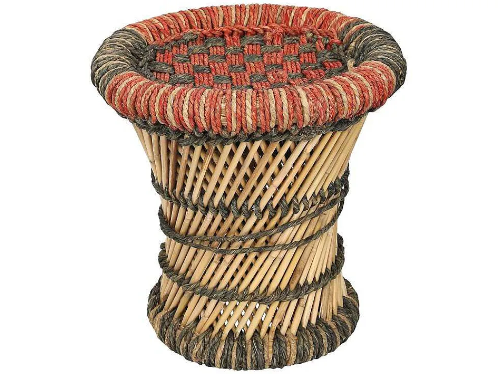 Set Van 2 Ronde Poefs Van Licht Naturelkleurig En Rood Rotan Mirtaka-Vente-unique Online