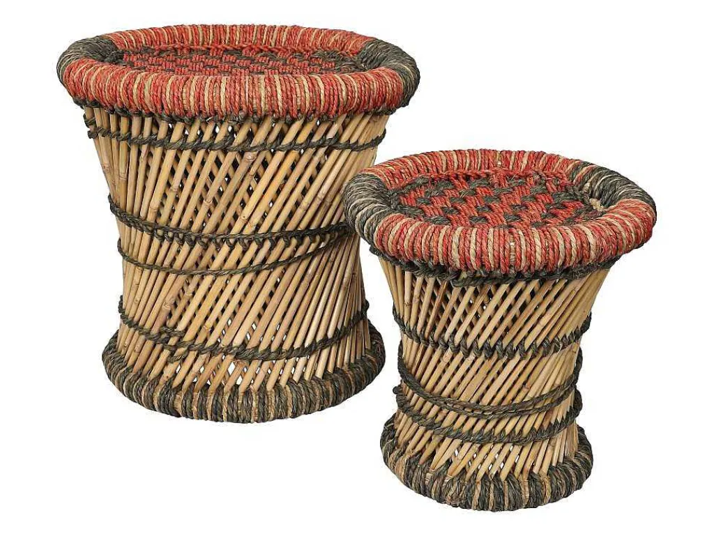 Set Van 2 Ronde Poefs Van Licht Naturelkleurig En Rood Rotan Mirtaka-Vente-unique Online