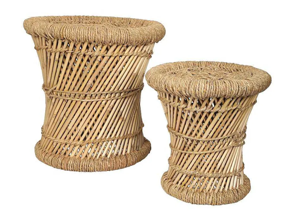 Set Van 2 Ronde Poefs Van Licht Naturelkleurig Rotan Mirtaka-Vente-unique Hot