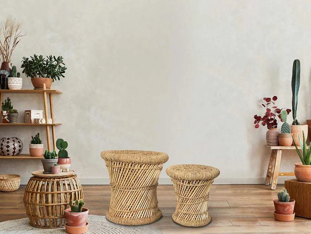 Set Van 2 Ronde Poefs Van Licht Naturelkleurig Rotan Mirtaka-Vente-unique Hot